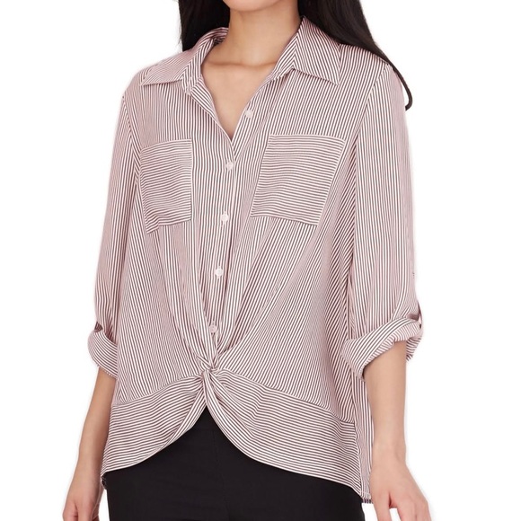 BCX Twist Front Button Up 3/4 Sleeve Striped Shirt - Picture 1 of 8
